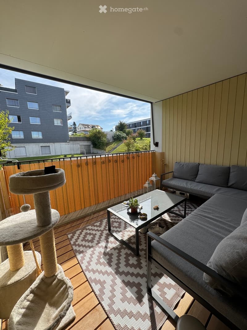 Balcony with wooden decking, grey sectional sofa, glass coffee table, cat tree, patterned rug, and small lantern.