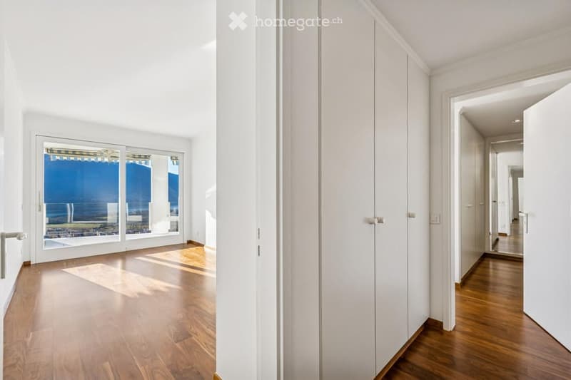 Wide hallway with wooden floor, tall windows, tall cabinets