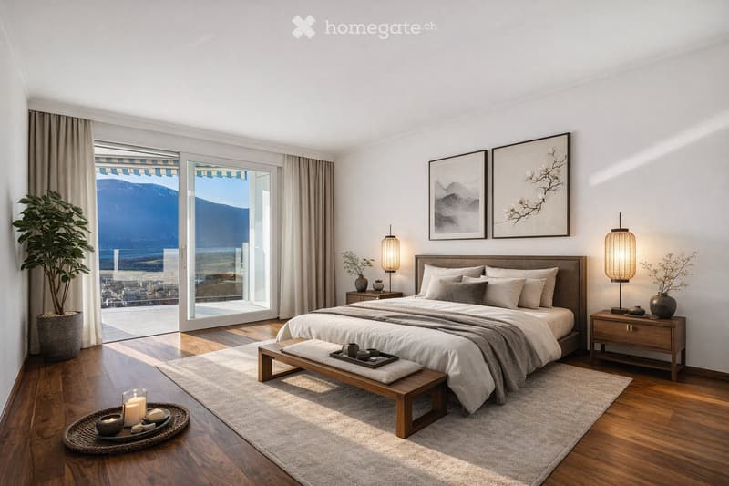 Modern minimalist bedroom with a bed, bedside tables, lamp, rug, and plants, large window leading to a balcony, wooden flooring, white walls