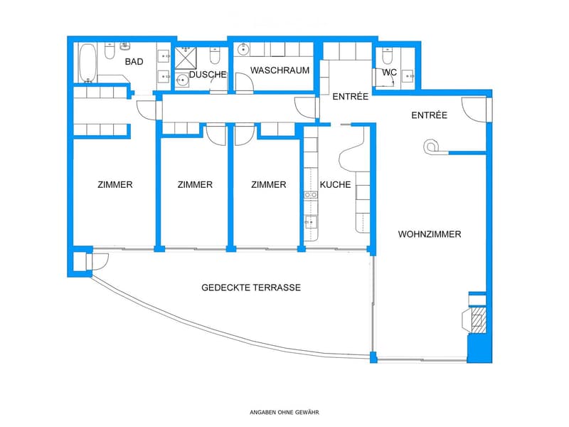 Entrance hall, living room, kitchen, 3 bedrooms, laundry room, 2 bathrooms, covered terrace