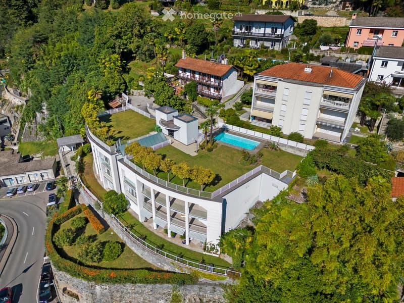 Modern house, multiple floors, swimming pool, green garden, parking space, nearby road, nearby trees