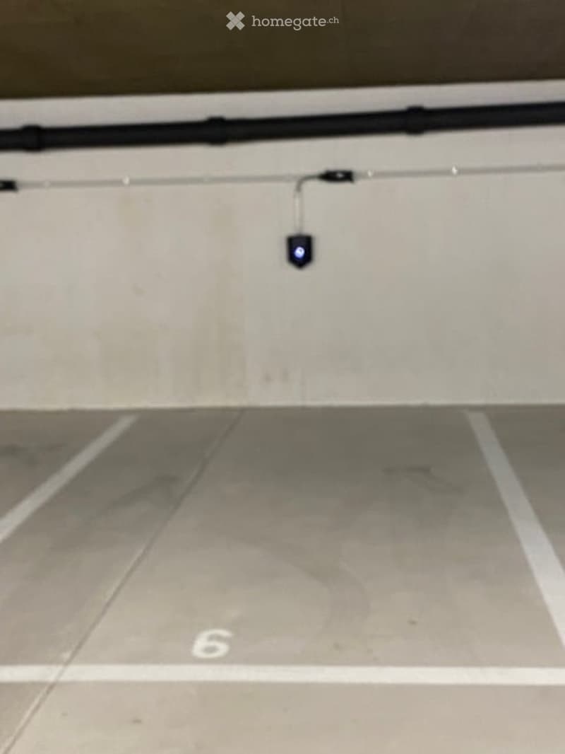 Empty parking space with white markings and a number 6 on the floor
