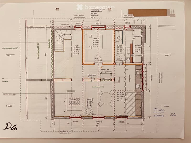 Floor plan showing a multi-room layout with labeled areas including kitchen, living room, bedrooms, and bathrooms. Includes dimensions, wall thicknesses, and structural details.