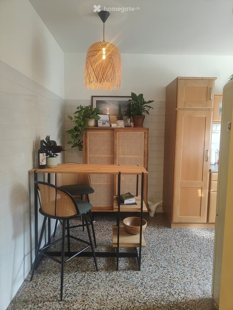A modern, compact dining area with a wooden table, two wicker chairs, a pendant light, and a cabinet with a woven front. The space includes plants, a bottle, and a bowl on the floor.
