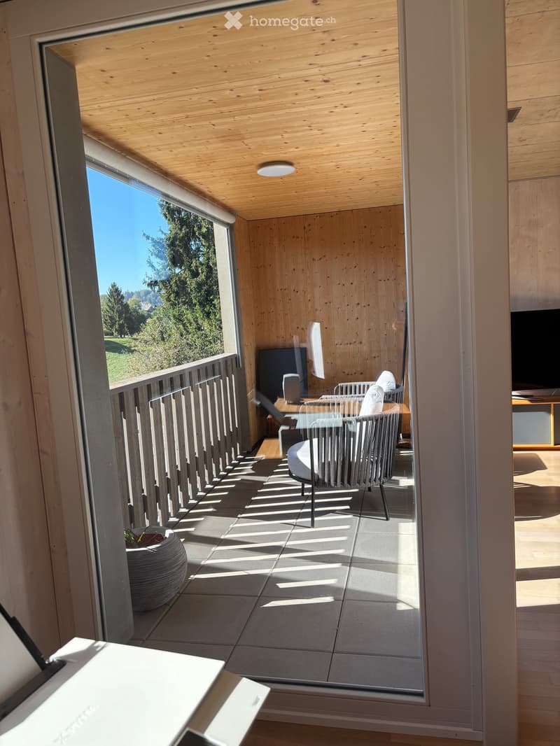 Modern balcony with wooden ceiling and walls, tiled floor, and a view of a green landscape. Features a wicker chair, small table, and a screen.