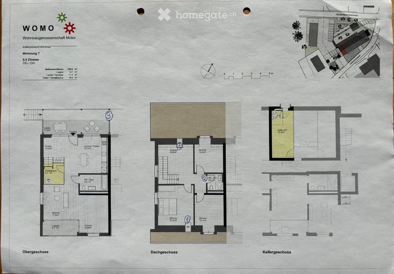 Floor plan of a 5.5-room apartment with three levels: ground floor, upper floor, and basement. Ground floor includes entrance, kitchen/dining area, living room, bathroom, and laundry. Upper floor features bedroom, living space, and balcony. Basement inclu
