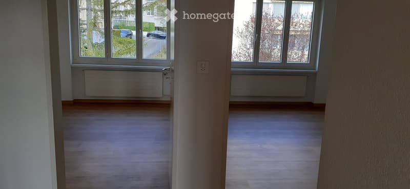Empty room with wooden flooring, large windows, radiators, and a view of the street and parked cars.