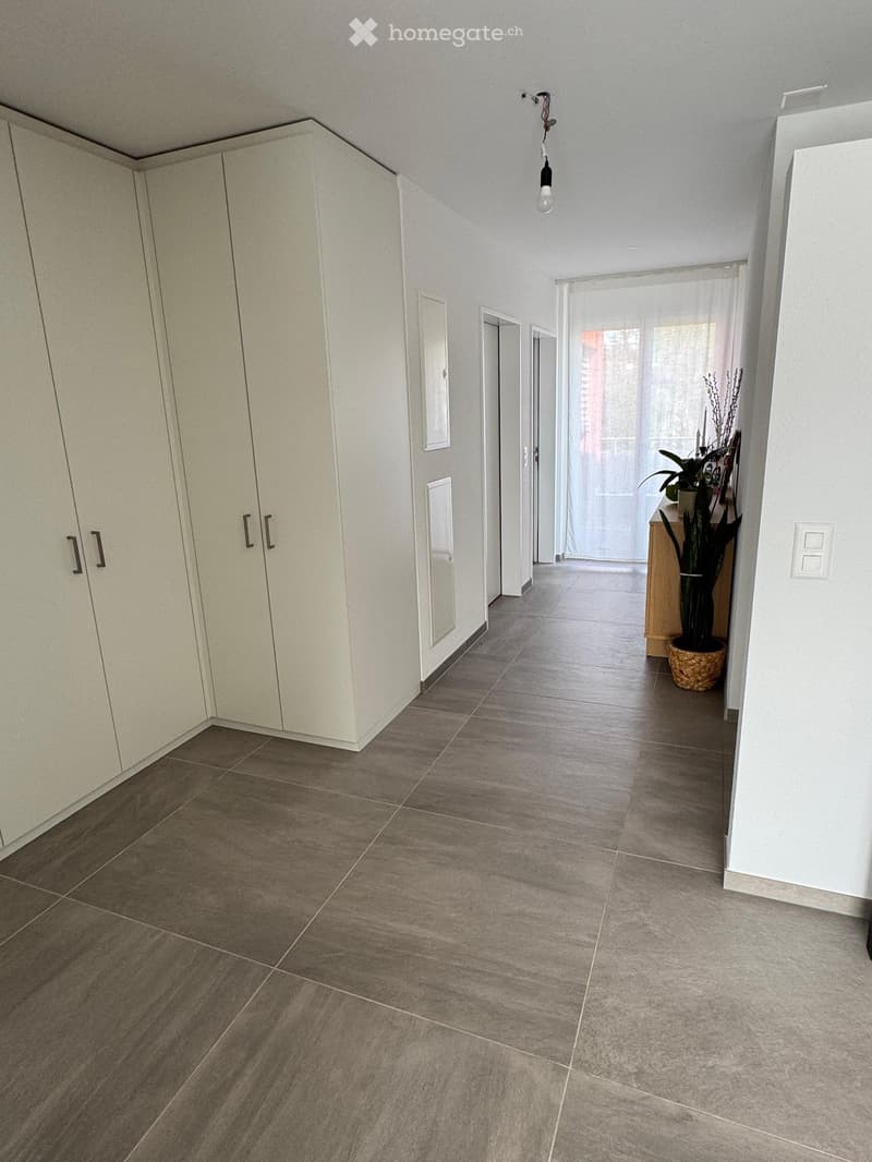 Empty hallway with tiled floor, white walls, built-in storage cabinets, and a small plant in a pot near the end.