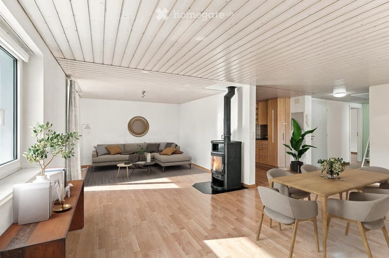 Modern living and dining area with light wood flooring, a grey sectional sofa, a black wood-burning stove, a wooden dining table with chairs, and decorative plants.