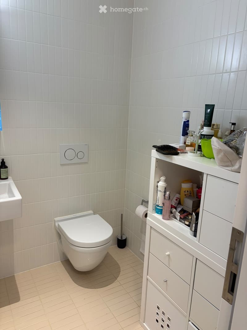 Modern bathroom with white tiles, a toilet, a sink, a cabinet with cosmetics, and a toilet paper holder.
