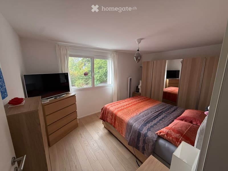 Cozy bedroom with a double bed, colorful bedspread, pillows, a nightstand with a lamp, a wardrobe with a mirror, and a television on a dresser.