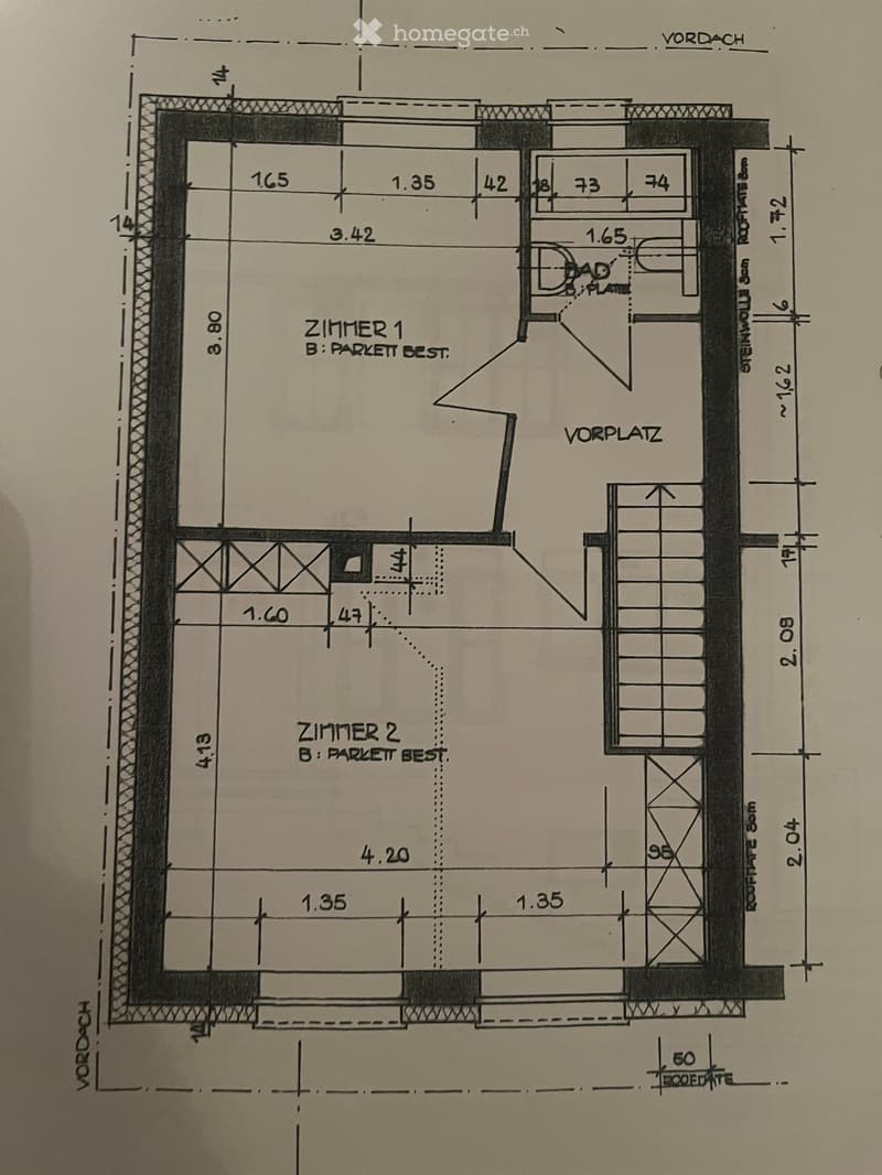 Floor plan showing two rooms labeled "ZIMMER 1" and "ZIMMER 2" with parquet flooring, a small entrance area, and a bathroom area with a toilet and sink.