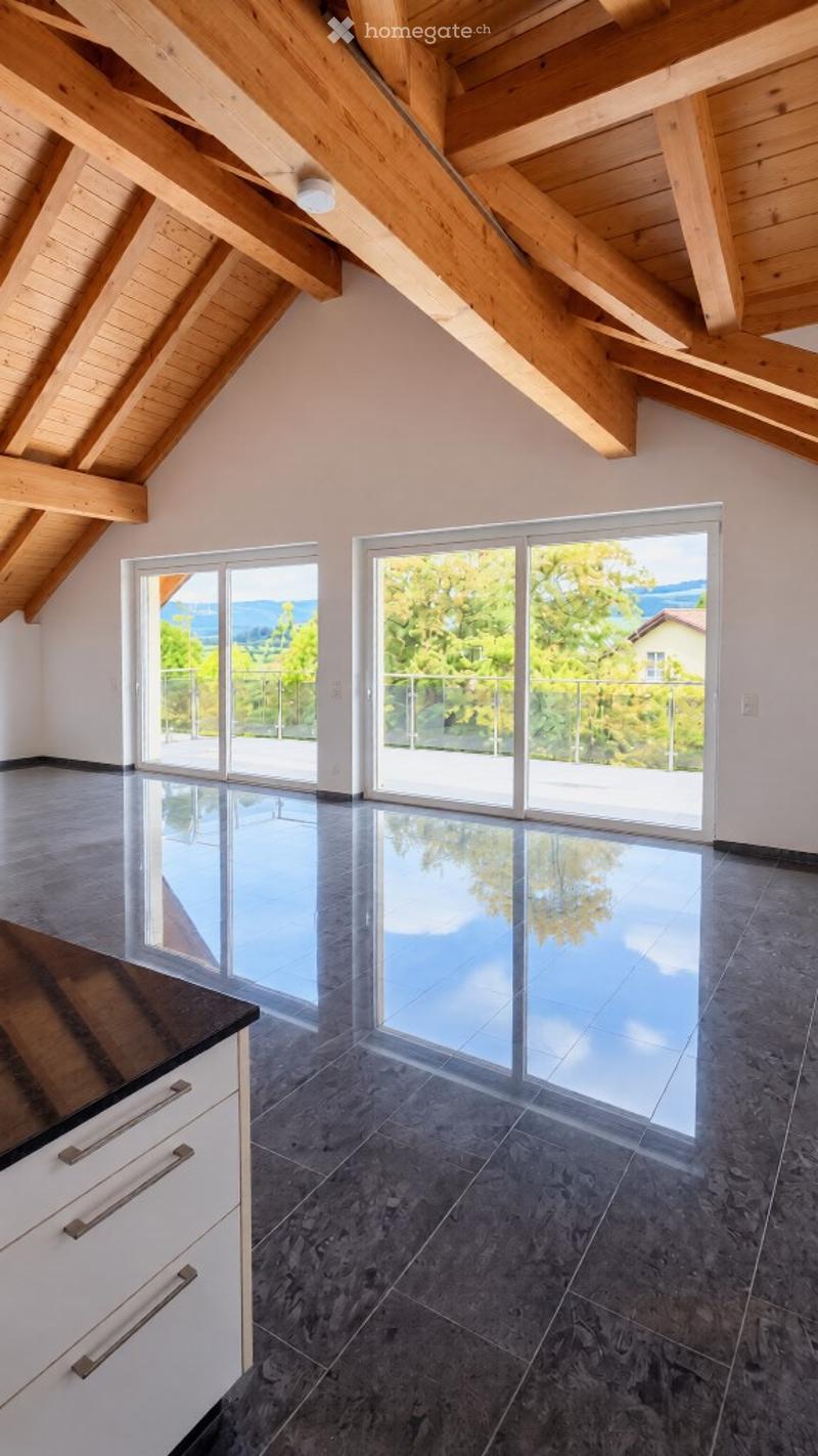 Bright, open-plan room with exposed wooden beams, large glass sliding doors leading to a balcony, and a view of greenery and mountains. The room features a polished dark floor and white cabinetry.