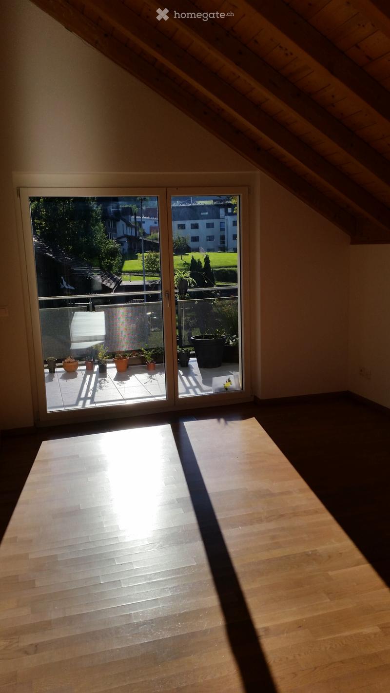 Bright, empty attic room with wooden flooring and large sliding glass doors leading to a balcony with potted plants.