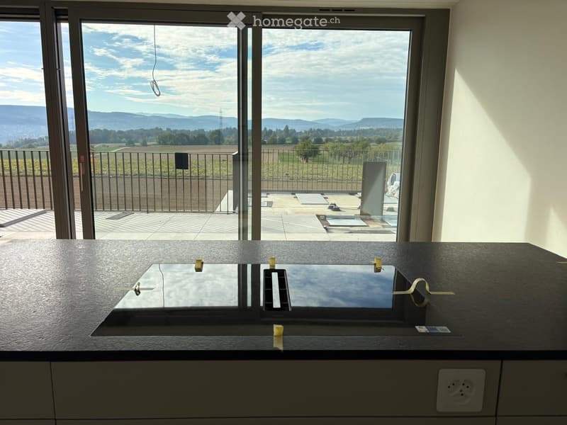 Modern kitchen with a sleek black countertop, integrated sink, and large windows offering a scenic view of the countryside.