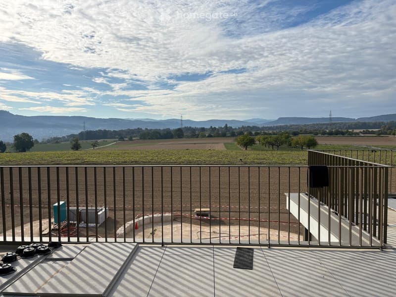 Balcony with metal railing, tiled floor, and scenic countryside view.