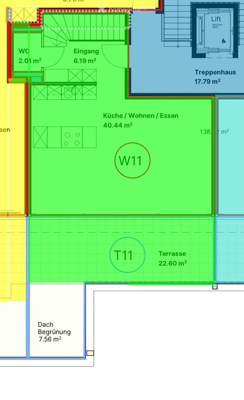 Floor plan showing a kitchen/dining/living area, entrance, WC, staircase, terrace, and roof garden.