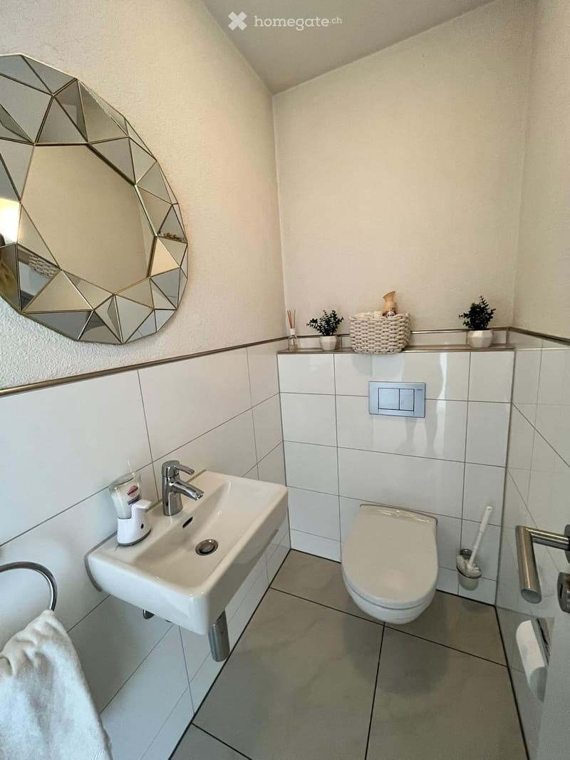 Modern bathroom with white tiles, a geometric mirror, a sink with a chrome faucet, a toilet, and a small potted plant on the counter.