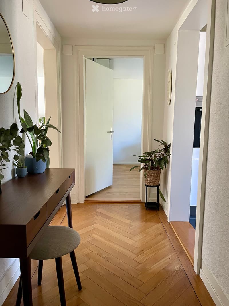 A modern hallway with herringbone wooden flooring, white walls, and a large mirror on the left. A small table with a plant and a chair are visible, with a door leading to another room.