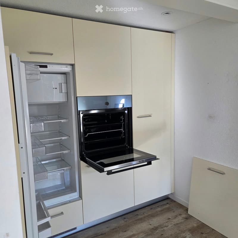 Modern kitchen with light-colored cabinets, an open refrigerator, and an oven with its door open, revealing the interior.