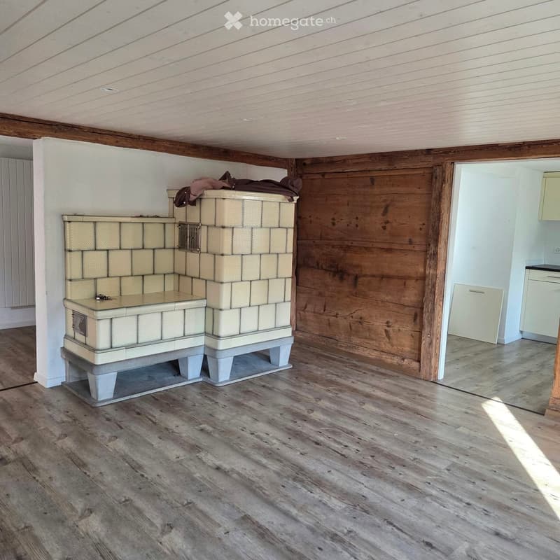 Room with wooden floors, a tiled stove, and a small cabinet in the background.