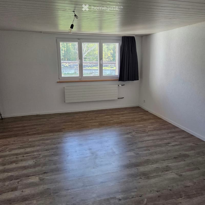 Empty room with wooden flooring, white walls, large window with dark curtains, radiator, and a single light fixture hanging from the ceiling.
