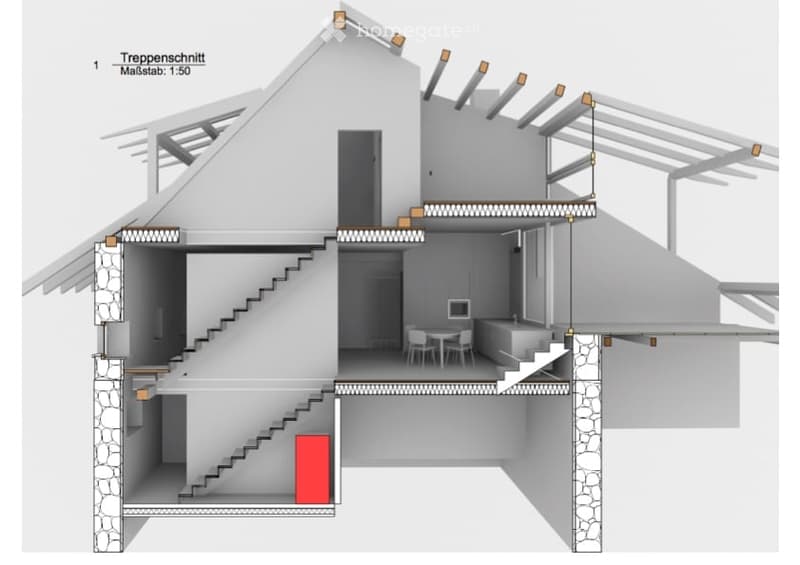3D floor plan showing a two-story house with a raised ground floor, staircase, living area, kitchen, and balcony.