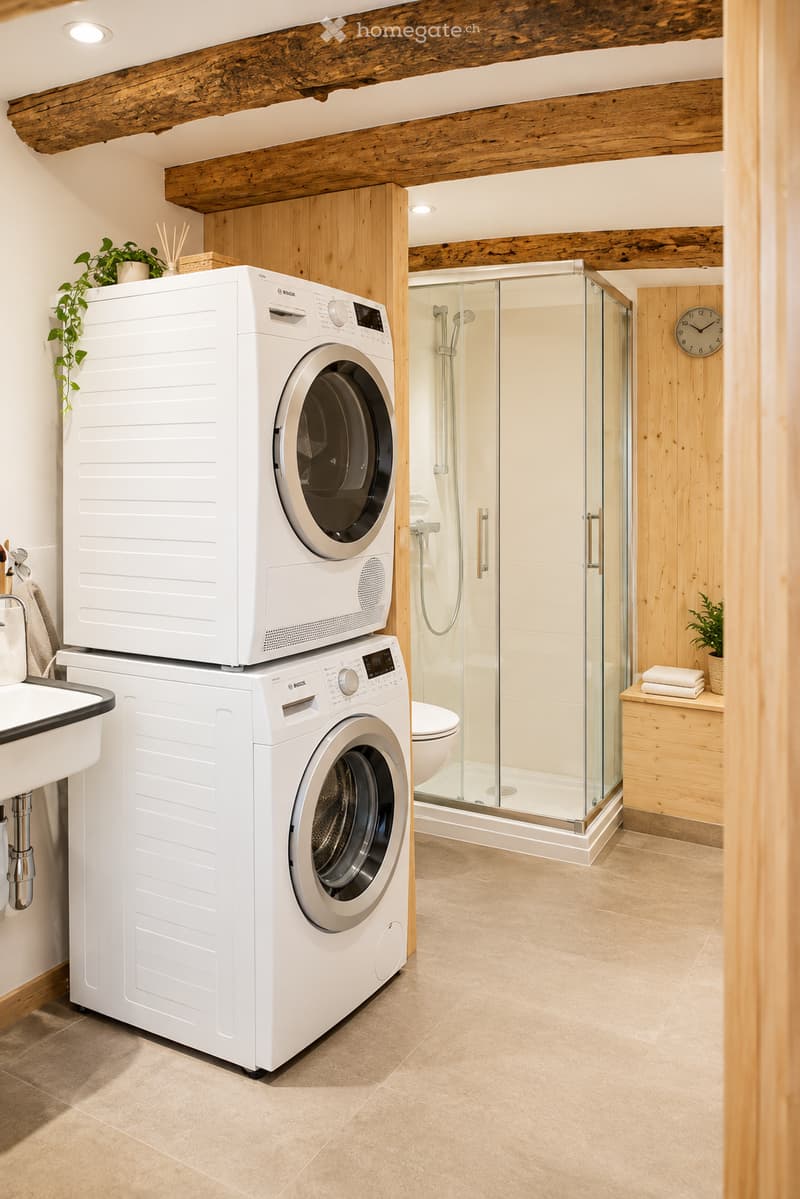 Modern bathroom with a stacked washer and dryer, glass-enclosed shower, sink, clock, and small potted plants.