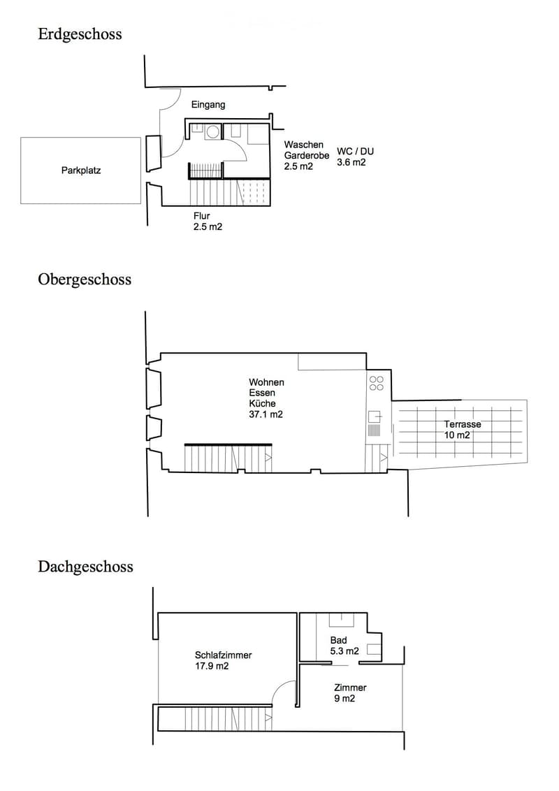Floor plan showing three levels: ground floor with entrance, wash area, WC/DU, and floor; upper floor with living, dining, kitchen, and terrace; roof floor with bedroom, bathroom, and additional room.