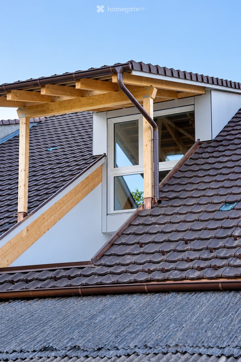 Roof with dark brown tiles, wooden beams, and a metal chimney pipe. A window is visible on the side of the building.