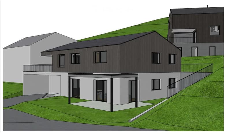 Modern two-story house with a raised ground floor, dark wooden facade, and large windows. The house features a balcony and is situated on a grassy slope with neighboring structures visible in the background.