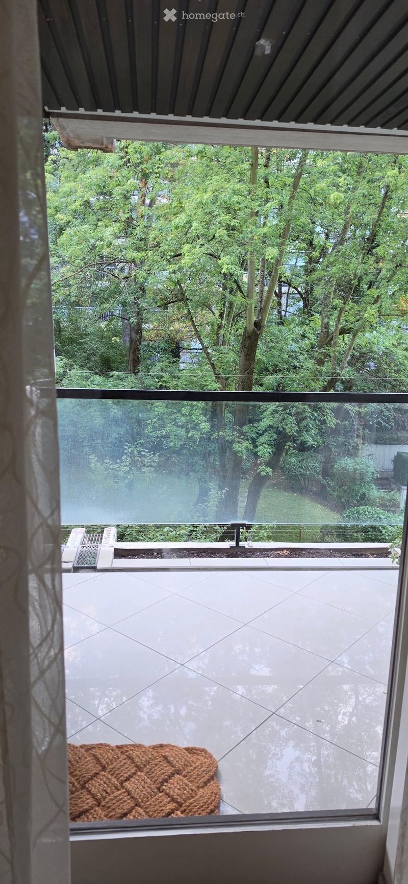 Balcony with a glass railing, overlooking a lush green garden with trees and a paved area.