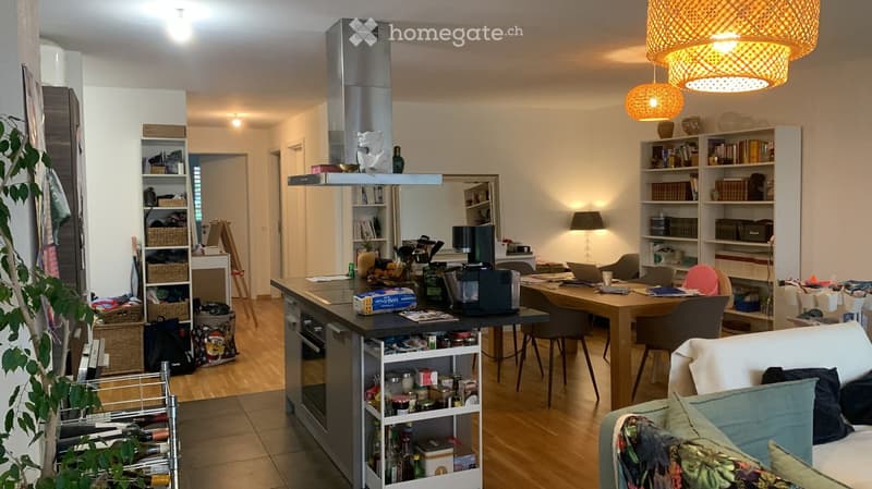 Modern open-plan living and dining area with a sofa, coffee table, kitchen island, dining table, and various storage shelves.