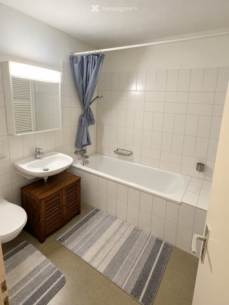 Modern bathroom with white tiled walls, a white bathtub, a wooden sink cabinet, a toilet, a mirror, and a striped bathroom rug.