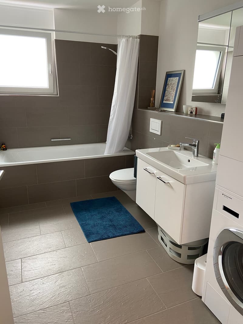 Modern bathroom with a bathtub, toilet, sink, mirror, and washing machine. Features a blue bath mat, picture frame, and decorative items on the counter.