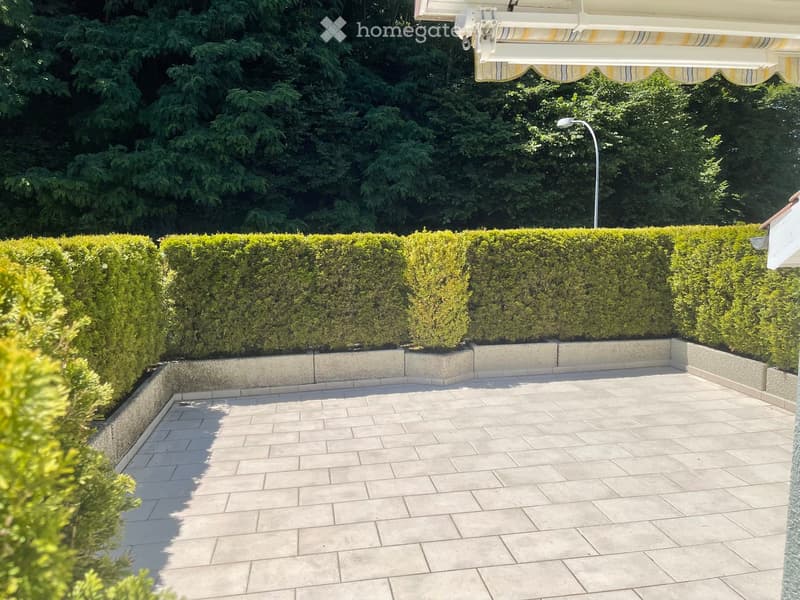 A well-maintained garden area with neatly trimmed hedges, a paved patio, and a striped awning extending from the building.