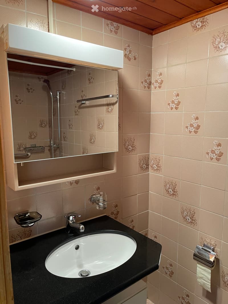 Bathroom with a black countertop, white sink, silver faucet, mirror cabinet, and floral-patterned tiles.