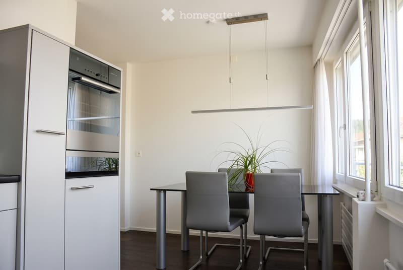 Modern kitchen with white cabinets, stainless steel appliances, a glass dining table with four chairs, and a potted plant on the table.