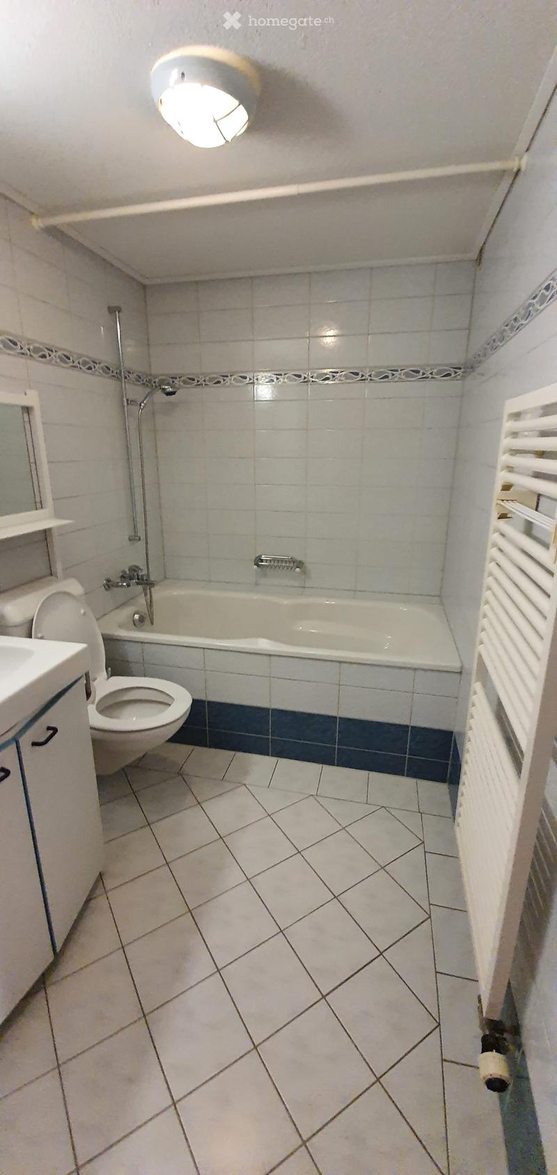 Bathroom with white tiled walls and floor, featuring a toilet, bathtub, sink, mirror, and radiator.