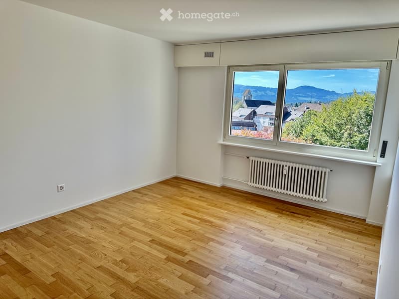 Empty room with wooden flooring, white walls, large window with scenic view, radiator below window, and electrical outlet on wall.