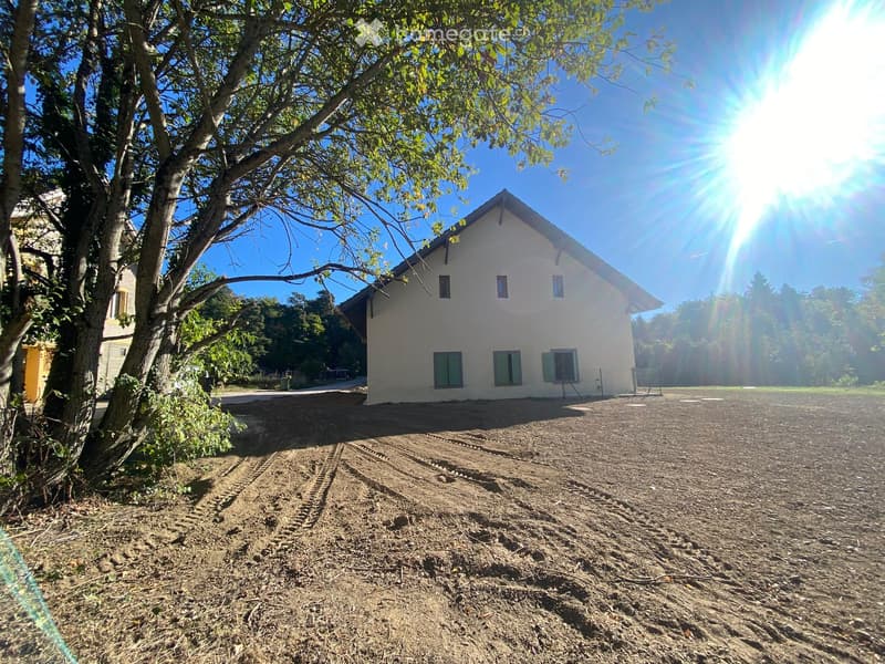 A single-story white house with green shutters and multiple windows, surrounded by trees and a dirt yard.