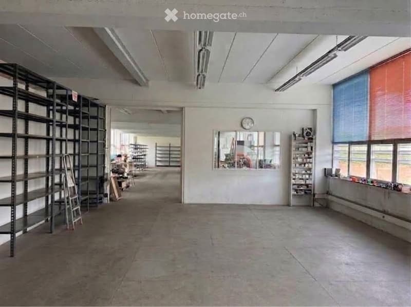 Empty industrial-style room with exposed concrete floors, white walls, large windows with blinds, metal shelving units, and a ladder. No furniture or personal items are present.