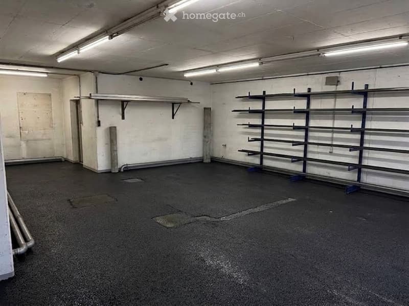 Empty room with white walls, metal shelving units, and a dark carpeted floor. No furniture or equipment present.