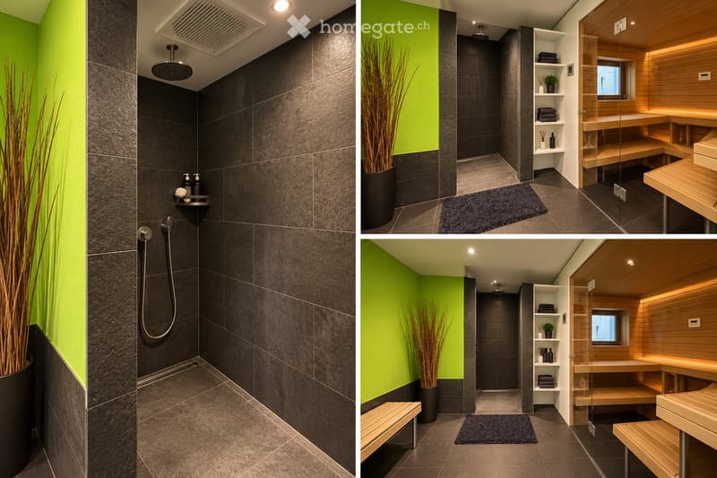 Modern bathroom with dark grey tiles, a glass-enclosed shower area, wooden sauna bench, built-in shelves, and a potted plant. The space features sleek fixtures and ambient lighting.