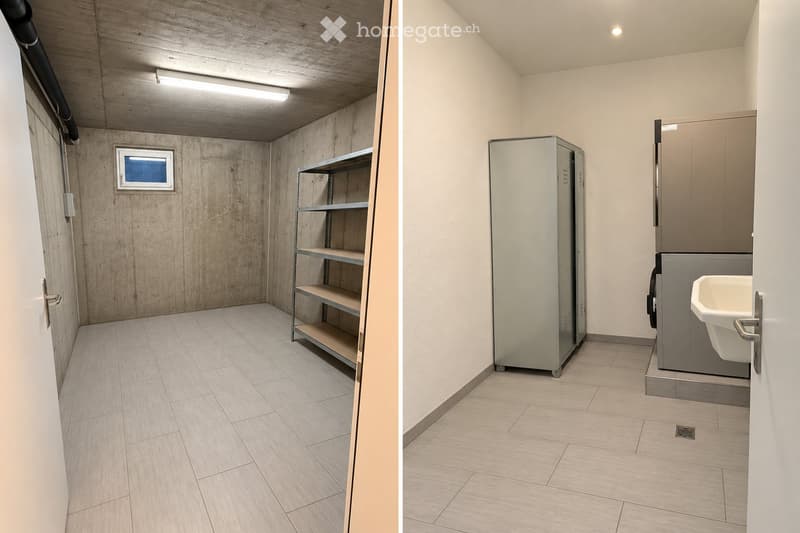 Two unfurnished rooms: one with concrete walls, tiled floor, metal shelving unit, and a small window; the other with light-colored walls, tiled floor, a sink, and a large metal cabinet.
