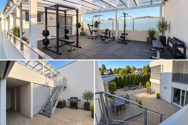 The image shows a multi-section outdoor area including a fitness area with gym equipment, a staircase leading to a lower level, and a patio with seating and a grill. The fitness area features a barbell, weight plates, and various exercise machines. The pa