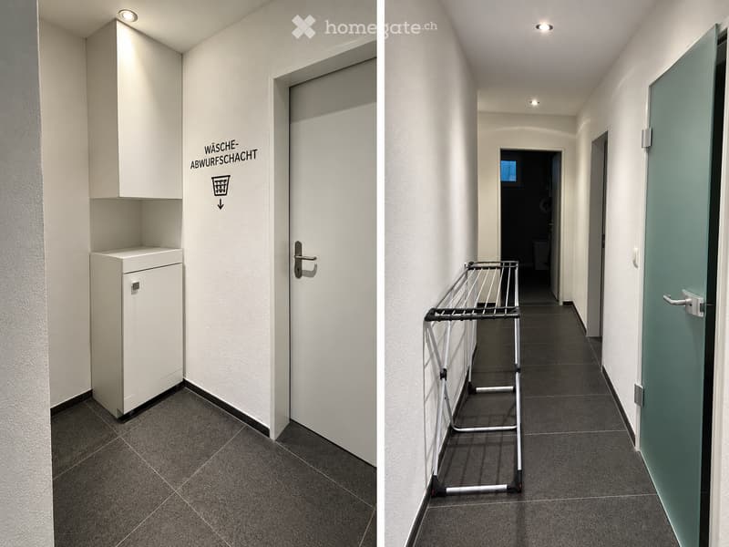 Two images of a modern hallway with white walls, dark tiled flooring, and recessed lighting. The left image shows a small storage unit with a sign indicating a laundry area. The right image shows a drying rack placed against the wall.