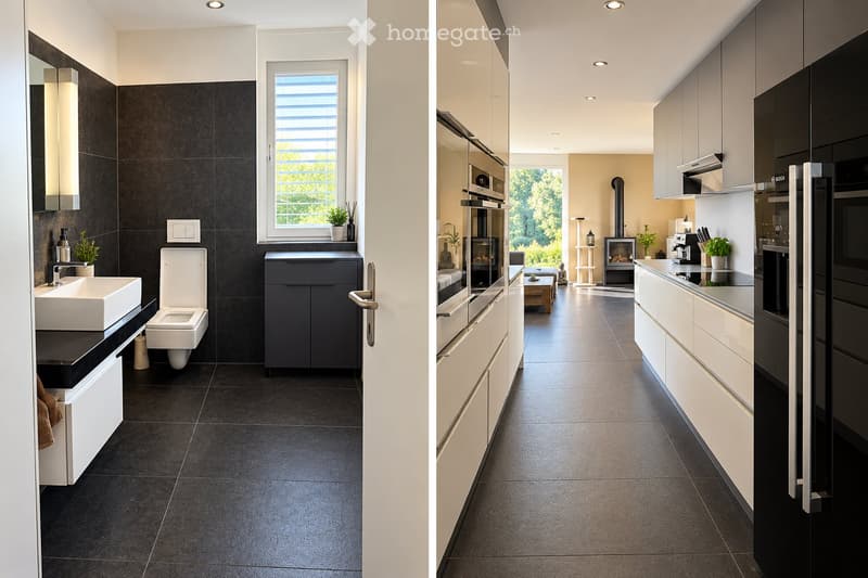 Modern bathroom with dark tiles, white sink, toilet, and mirrored cabinet. Features a window with blinds and a small plant on the windowsill.