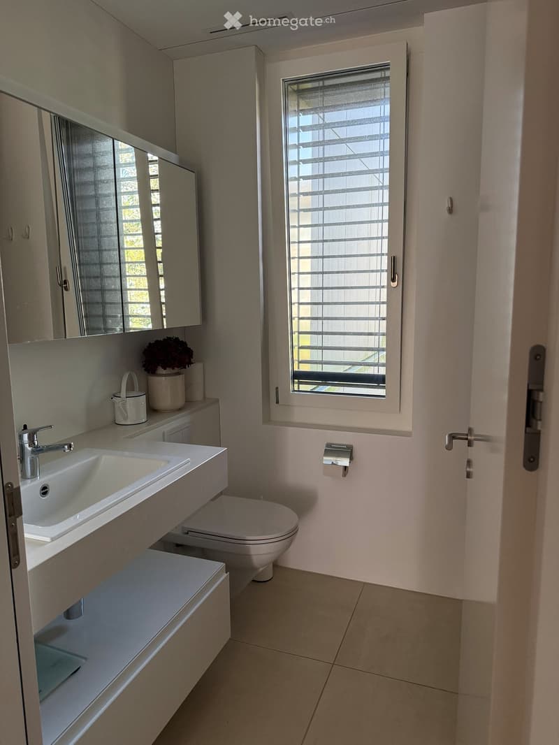 Modern bathroom with a white sink, chrome faucet, toilet, mirrored cabinet, and a small flower pot on the counter. The room features beige tiled walls and floor, with a window with blinds on the right side.