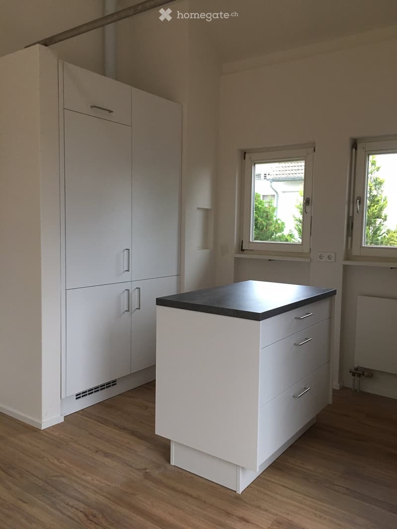 Modern kitchen with white cabinets, a black countertop, and wooden flooring. Two windows provide natural light.
